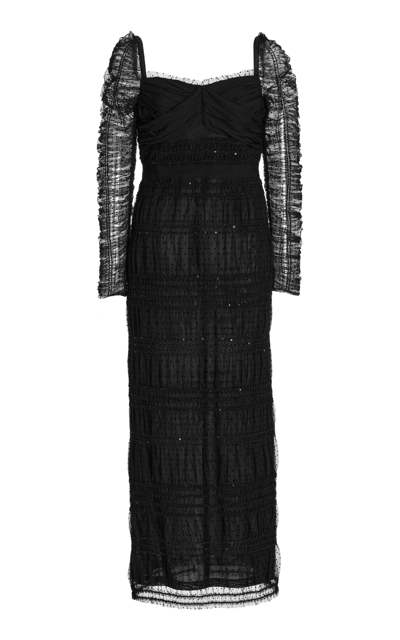 Shop Self-portrait Women's Shirred Dotted Mesh Midi Dress In Black