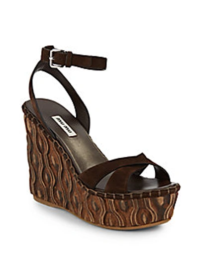 Shop Miu Miu Suede Wooden Wedge Sandals In Teak