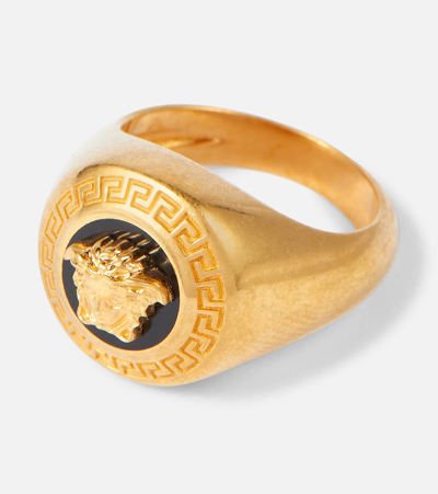 Shop Versace Medusa Ring In Black-tribute Gold