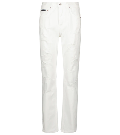 Shop Dolce & Gabbana Distressed High-rise Straight Jeans In Bianco Ottico