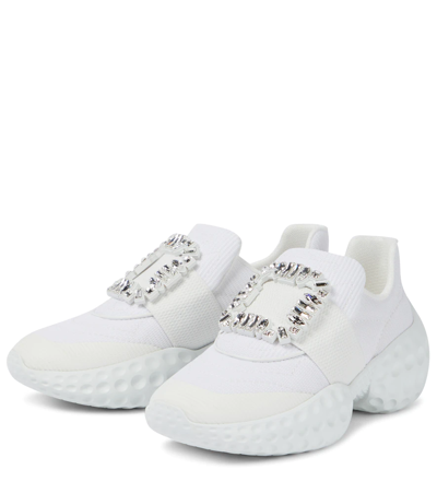 Roger Vivier Viv Run Crystal-embellished Mesh And Leather Slip-on Sneakers In Bianco