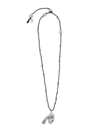 Shop Lizzie Fortunato Women's Acoma 18k Gold-plated, 11-12mm Cultured Freshwater Pearl & Cotton Cord Necklace In Black