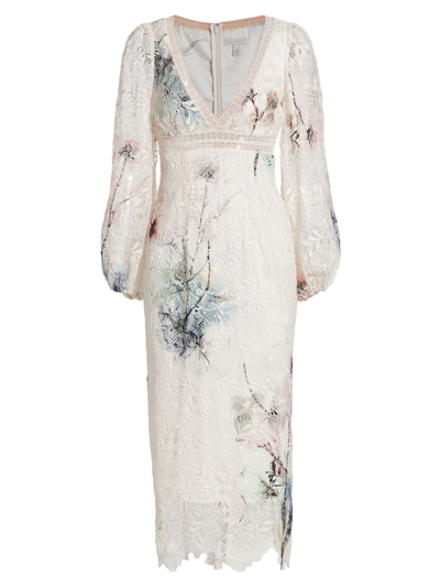Shop ml Monique Lhuillier Women's Blouson Sleeve Lace Midi Dress In Xray Floral