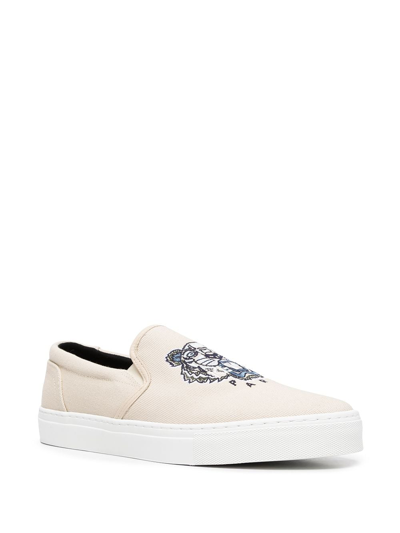 Shop Kenzo Tiger-embroidered Slip-on Sneakers In Neutrals