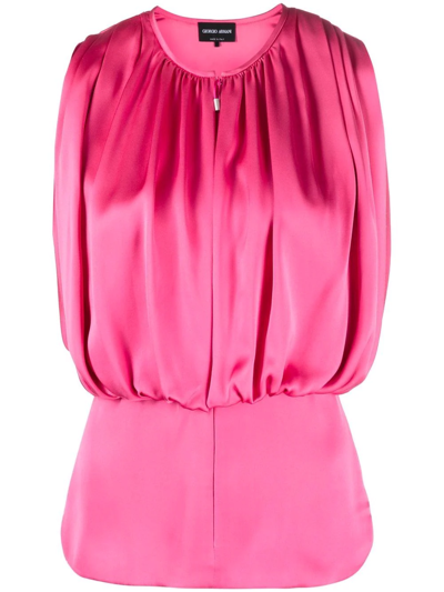 Shop Giorgio Armani Gathered-detail Sleeveless Blouse In Pink