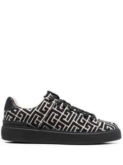 Shop Balmain Monogram Jacquard B-court Sneakers In Black