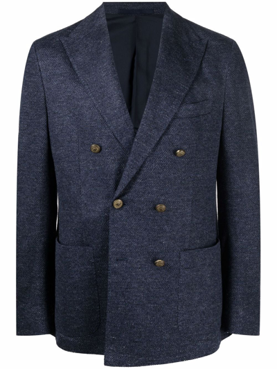 Shop Eleventy Double-breasted Linen Jacket In Blue