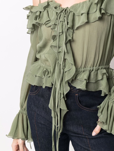 Shop Blumarine Ruffled-trim Tie-fastening Blouse In Green