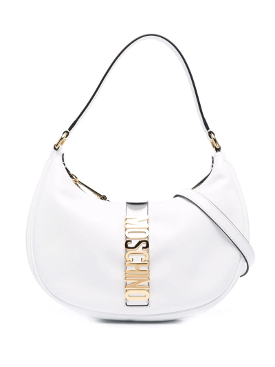 Shop Moschino Logo Plaque Shoulder Bag In White