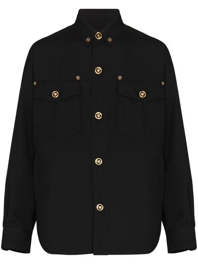 Shop Versace Gabardine Wool Shirt Jacket In Black