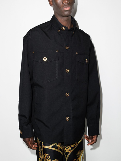 Shop Versace Gabardine Wool Shirt Jacket In Black