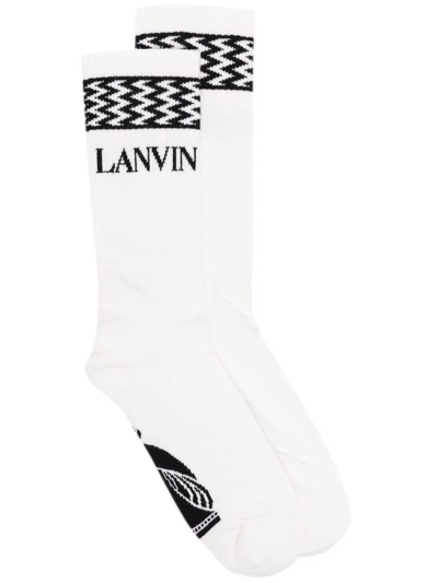 Shop Lanvin Logo-knit Zigzag-edge Socks In White