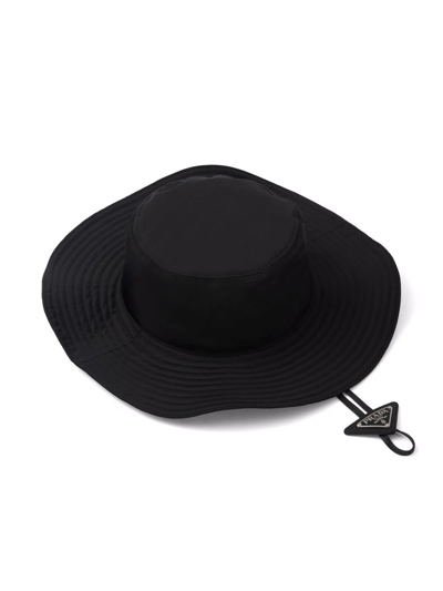 Prada Men's Re-nylon Wide Brim Hat W/ Logo Chin Strap In Black
