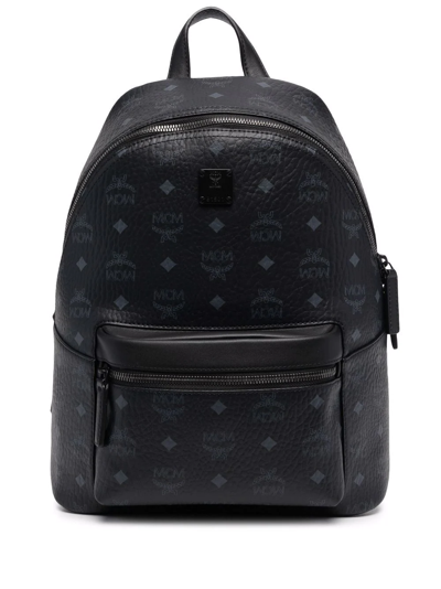 Mcm Men's Logo Monogram Medium Leather Backpack In Black