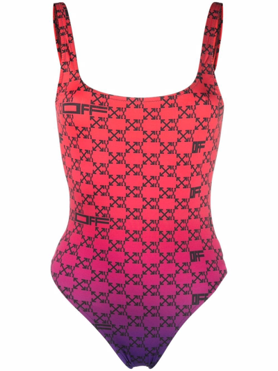 Shop Off-white Arrows Gradient-effect Branded Swimsuit In Rot