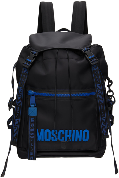 Shop Moschino Black & Blue Logo Backpack In A2555 Fantasy Print