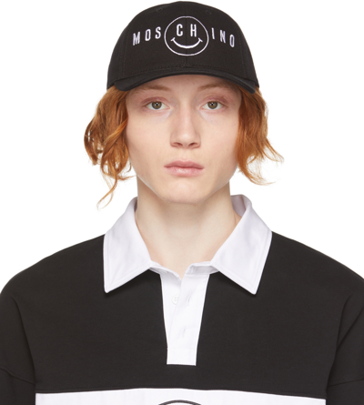 Shop Moschino Black Smiley Edition Embroidered Logo Cap In A0555 Black