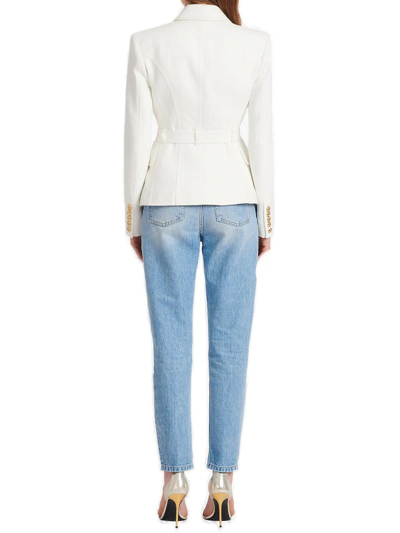 Shop Balmain Belted Waist Monogram Jackets In White