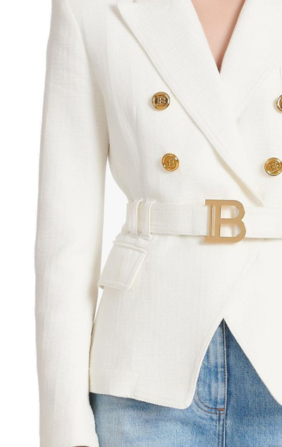 Shop Balmain Belted Waist Monogram Jackets In White