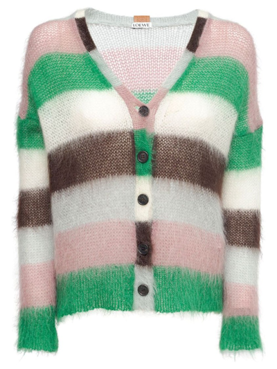 Shop Loewe Stripe Mohair Cardigan Green, Pink And Brown In Multicolor