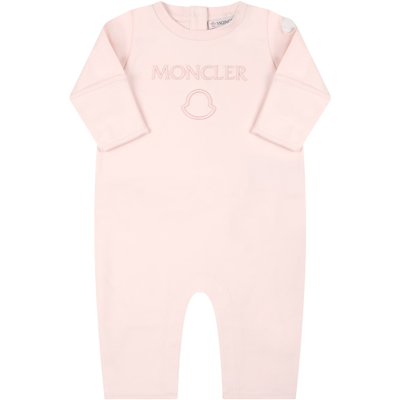 Shop Moncler Pink Jumpsuit For Baby Girl With Embroidered Logo