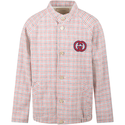 Shop Gucci Beige Jacket For Kids With Double Gg In Multicolor