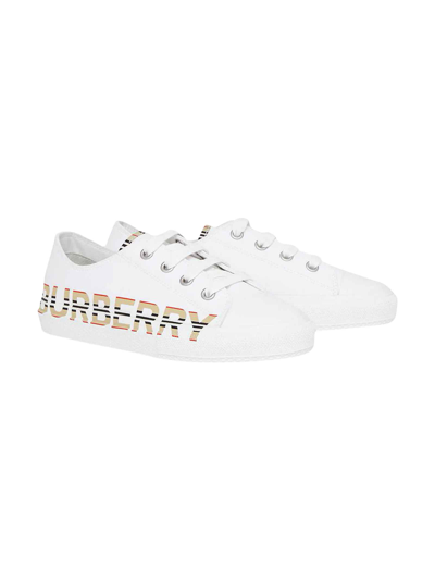 Shop Burberry White Sneakers With Check Insert And Logo In Bianco