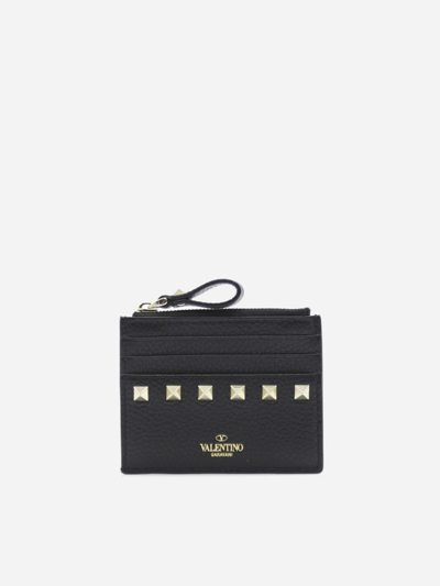 Shop Valentino Rockstud Card Holder In Leather With Zip In Black