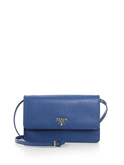Prada Saffiano Lux Crossbody Bag, White In Azzurro-blue