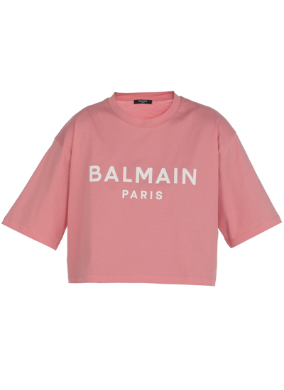 Shop Balmain Logo Cropped T-shirt In Rose Saumon/blanc