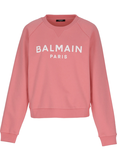 Shop Balmain Loged Cotton Sweatshirt In Rose Saumon/blanc