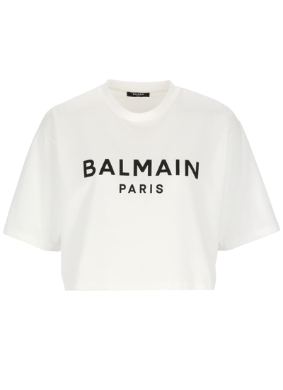 Shop Balmain Logo Cropped T-shirt In Blanc/noir