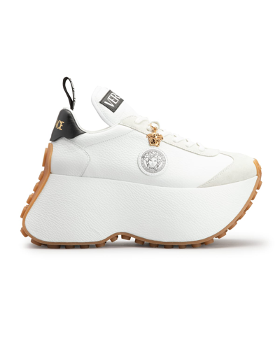 Shop Versace Medusa Charm Leather Platform Sneakers In Bianco Ottico-oro
