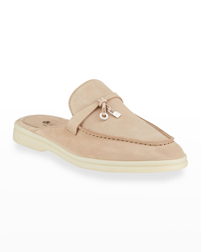 Shop Loro Piana Babouche Charms Walk Suede Mule Loafers In Pink Water