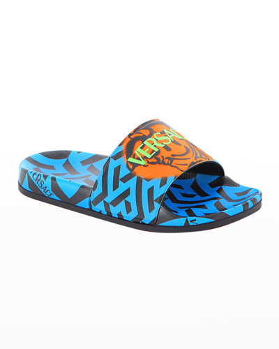 Shop Versace Men's Greca Pool Slide Sandals In Sky Multicolor