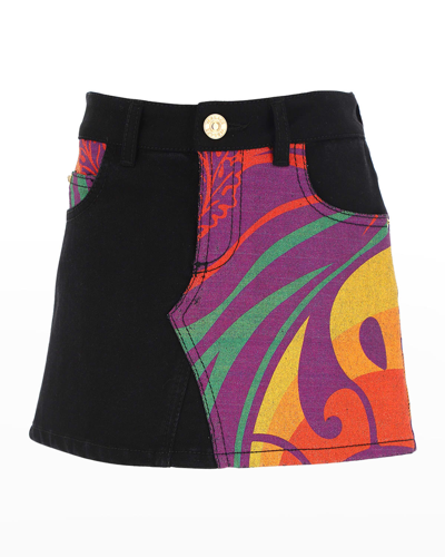 Shop Versace Girl's Medusa Music Denim Skirt In Black Multicolor