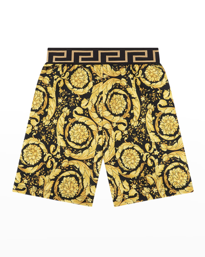 Shop Versace Boy's Greca Barocco Fleece Shorts In Black Gold