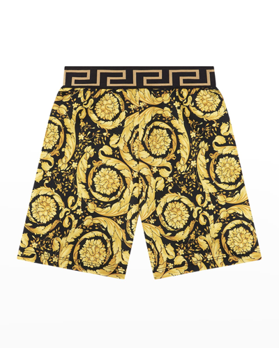 Shop Versace Boy's Barocco Greca Fleece Shorts In Black Gold