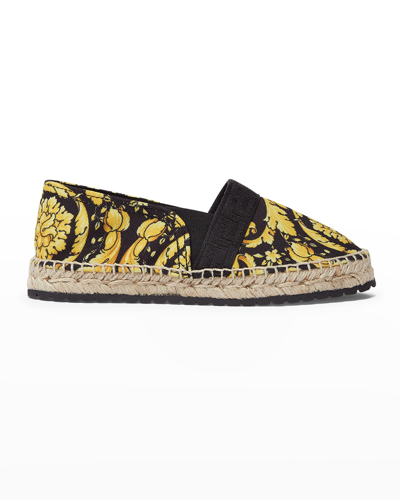 Shop Versace Girl's Barocco-greca Canvas Espadrilles, Toddlers In Black Gold