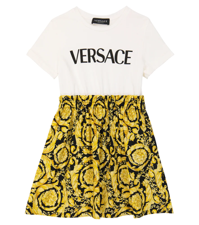 Shop Versace Barocco Cotton Dress In Bianco+nero+oro