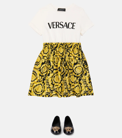 Shop Versace Barocco Cotton Dress In Bianco+nero+oro