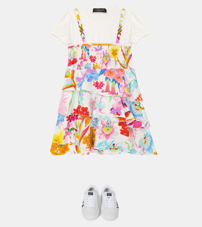 Versace Jardin Cotton-blend Dress In Bianco+multicolor