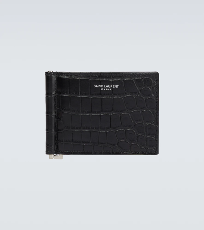 Shop Saint Laurent Croc-effect Leather Wallet In Nero