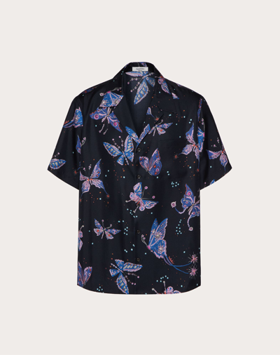 Shop Valentino Uomo Silk Shirt With  Utopia Butterfly Print In Navy/multicolor