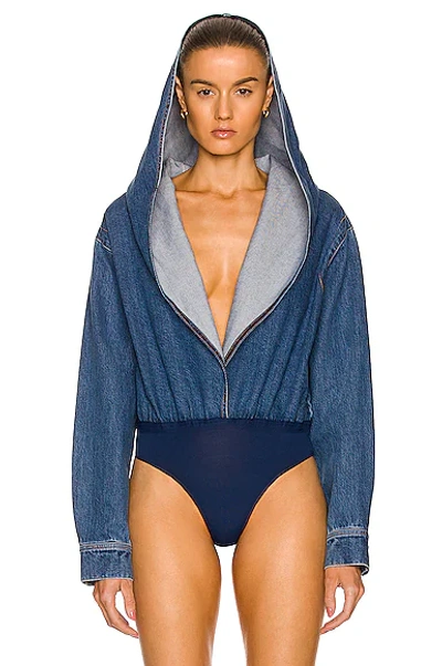 Shop Alaïa Hooded T-shirt Bodysuit In Bleu Jeans