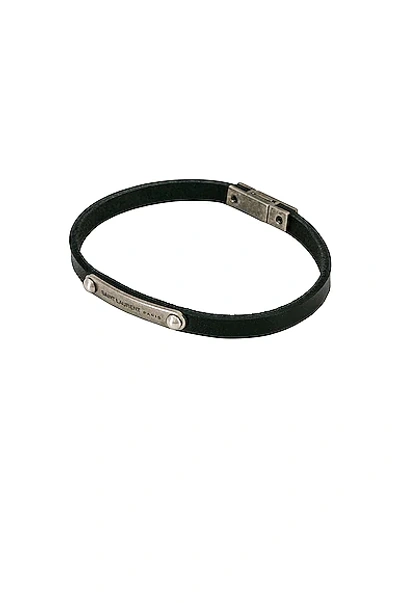 Saint Laurent Black Leather Id Plaque Bracelet In Black & Aged Palladium