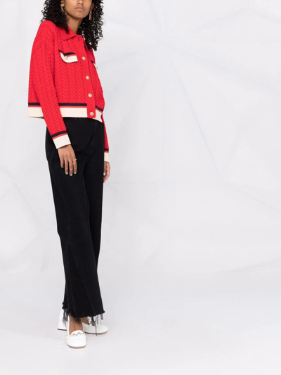 Shop Sandro Braided-knit Collared Cardigan In Red
