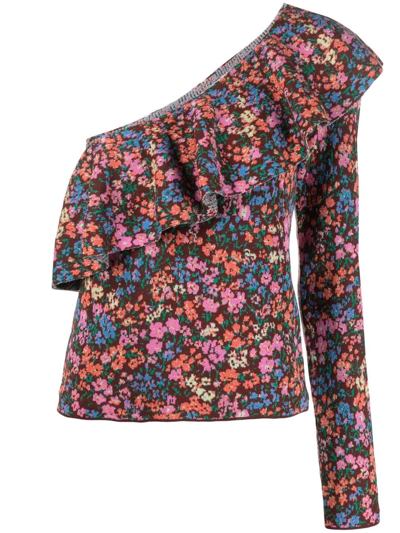 Shop Philosophy Di Lorenzo Serafini Floral-knit One-shoulder Top In Braun