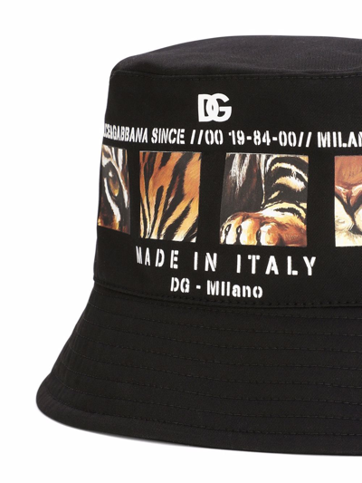 Dolce & Gabbana Cotton Bucket Hat With Tiger-print Details In Schwarz