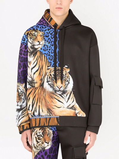 Shop Dolce & Gabbana Tiger-print Hoodie In Schwarz